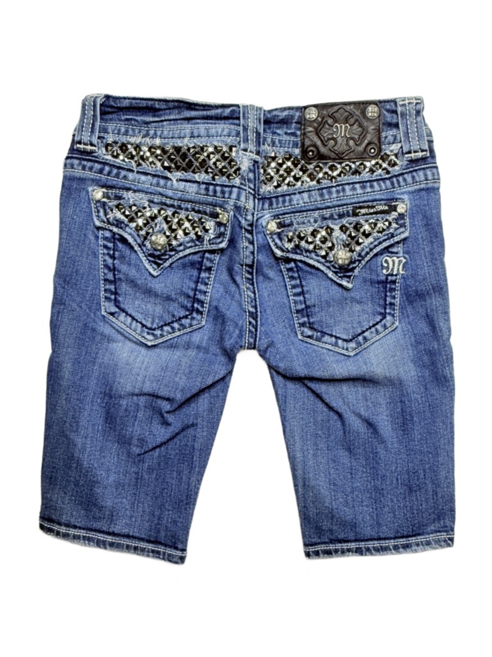 Miss Me Bling Pocket Denim Shorts Rhinestone Studded Flap Medium Wash Size 26